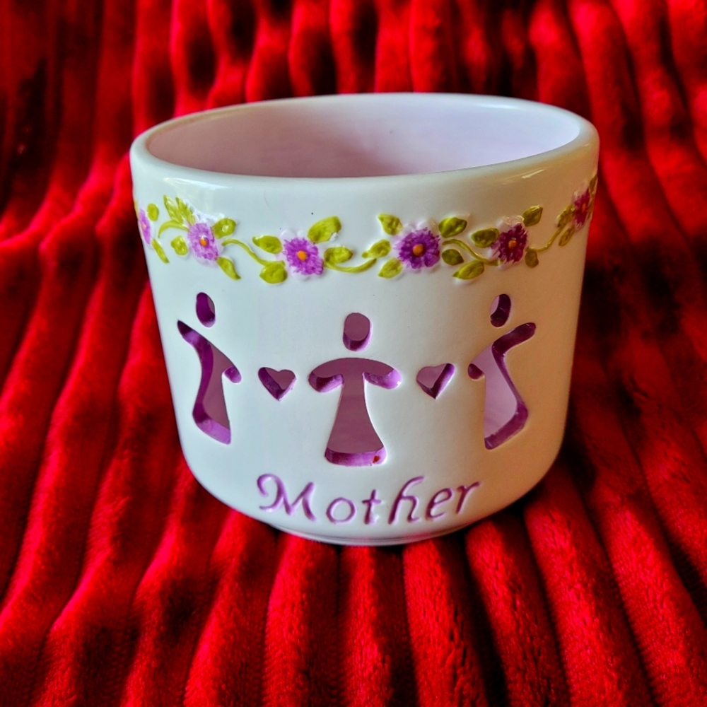 Lavender MOTHER Women Heart Cut Outs Candle Holder Pastel Purple Flowers